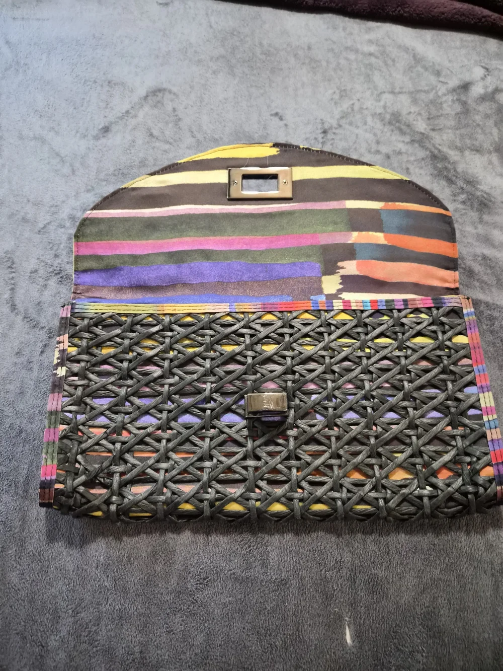 Vintage Ted Baker Woven Black Multicolor Clutch with Turn-Lock Closure
